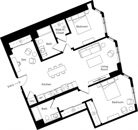 Floor plan for 2 beds, 2 baths, 1183 sqft